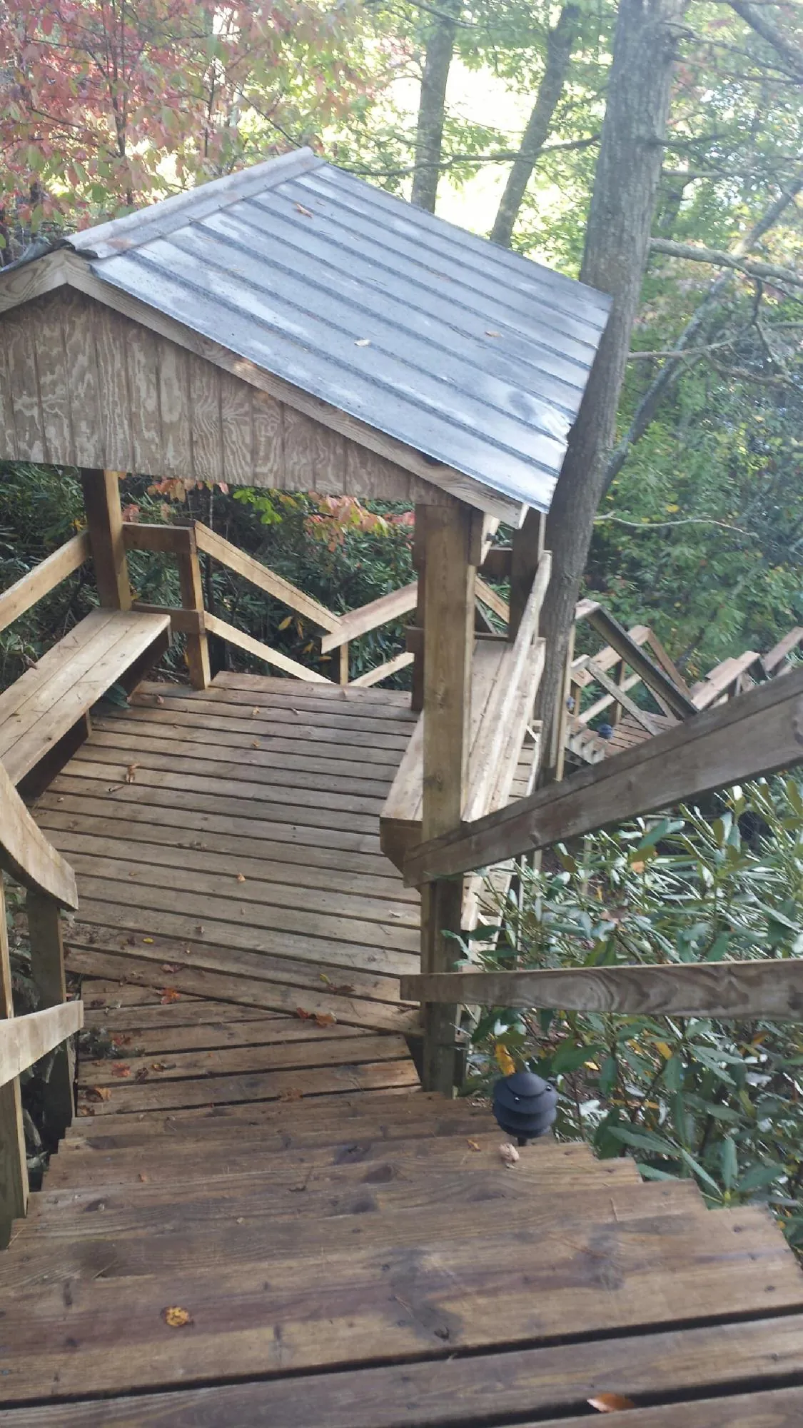 Metal roofed shelter over wooden steps on a wooded walkway — Skylight Repair & Installation work by our crew in Cheswick